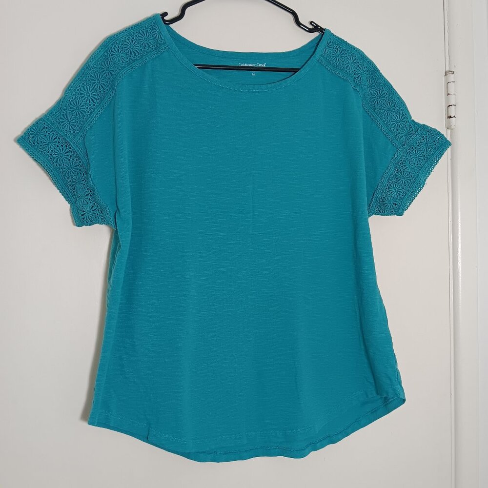 Coldwater Creek womens short sleeve top with crochet detail turquoise M bohemian